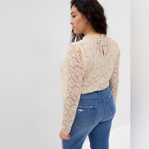 NWT - Gap Puff Sleeve Ruffle Neck Lace Top in Chino Beige - Size L - Picture 2 of 5